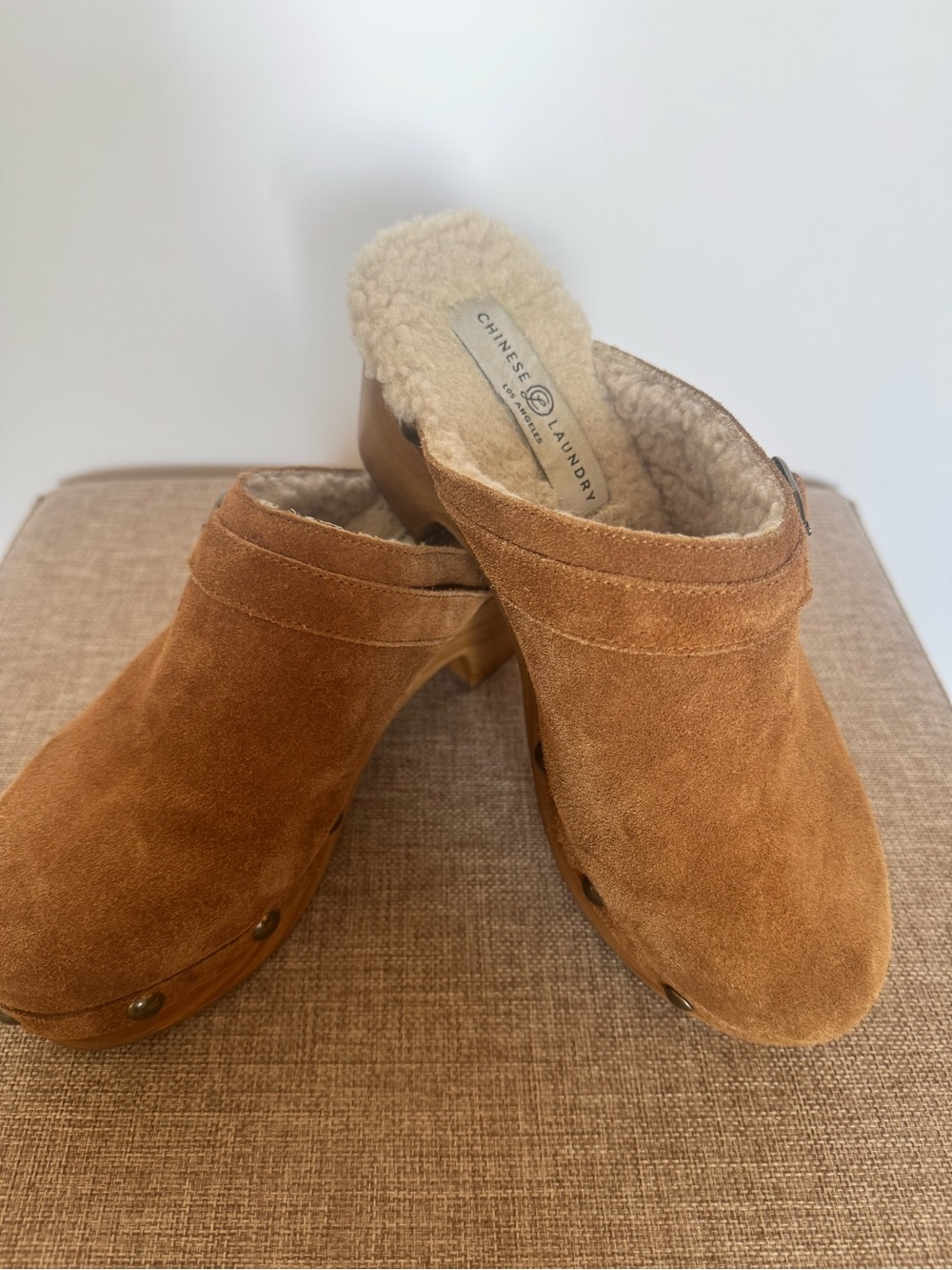 Chinese Laundry Tan Suede Shearling-Lined Clog Mules
